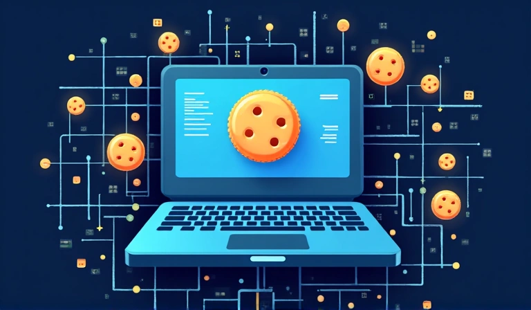Ilustracija kolačića na web stranici, prikazuje digitalne simbole i tragove podataka