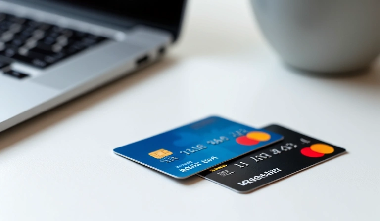 Različite kreditne kartice (Visa, MasterCard, Maestro) postavljene na stolu pored laptopa