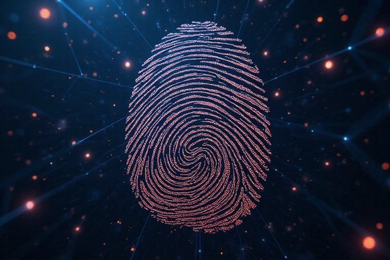 Složeni digitalni otisak prsta, simbolizira digitalno vlasništvo i zaštitu intelektualnog vlasništva